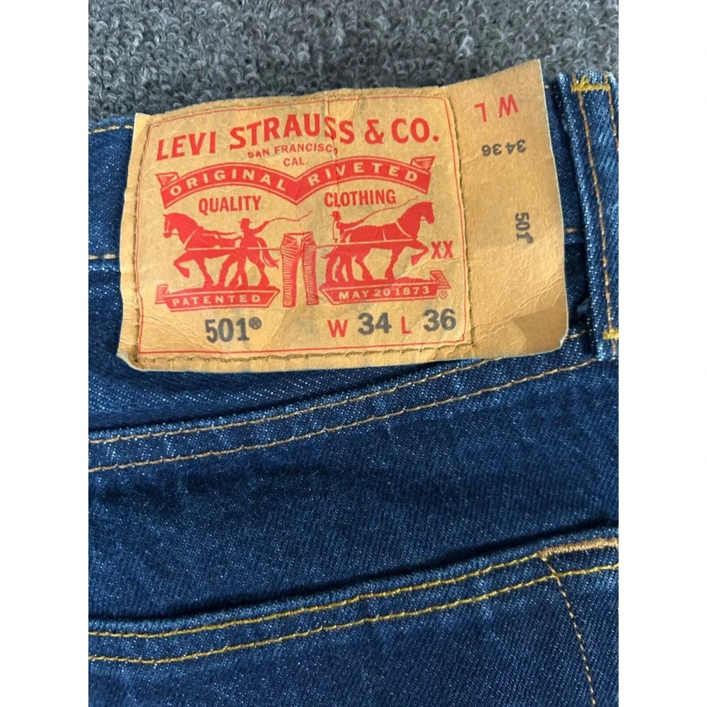 Levis 501 Denim Jeans 34x36‎ (32x32) Button Straight Dark Wash Blue Egypt Stiff